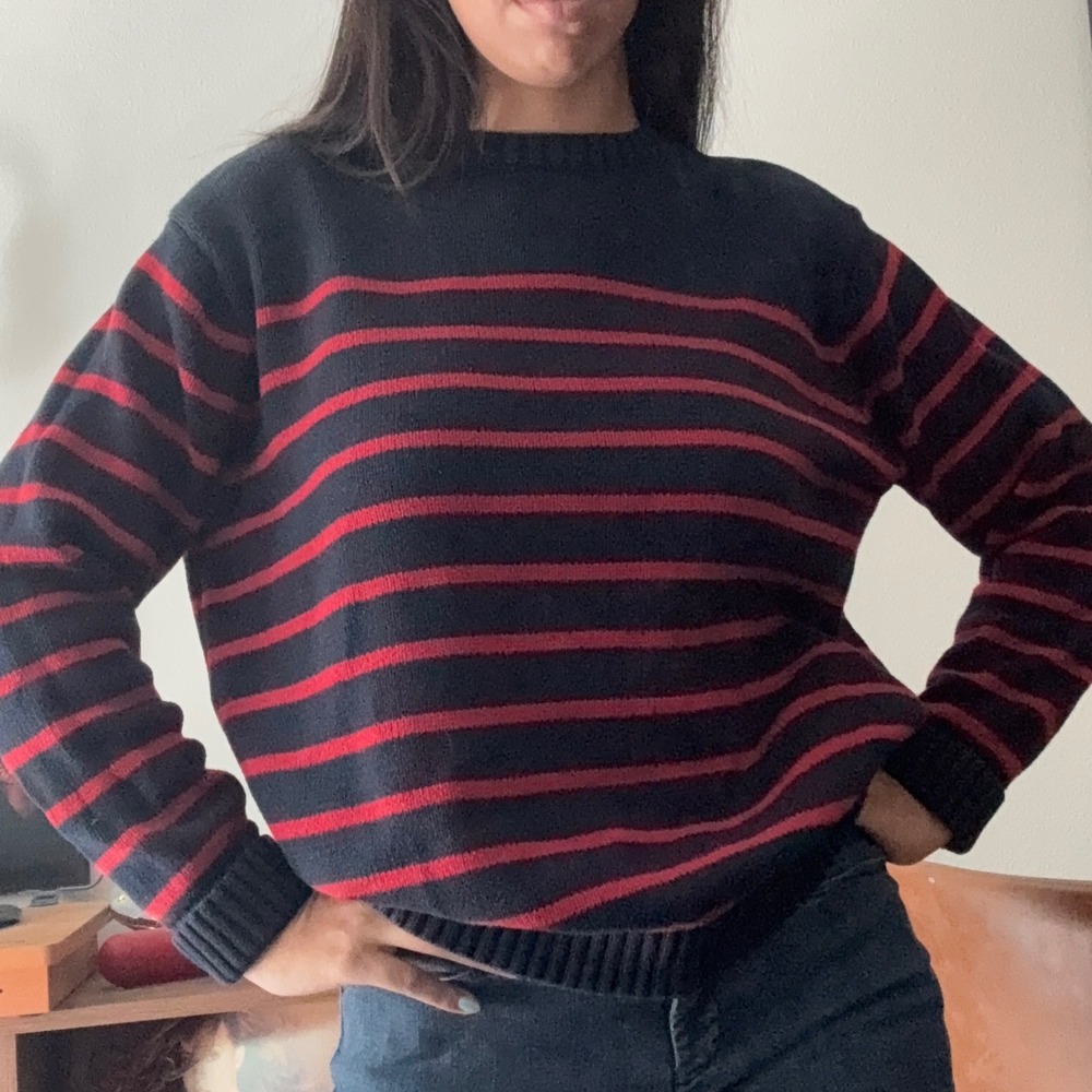 Brandy Melville Brianna Navy Blue Red Striped Cotton Crew Neck Sweater One Size